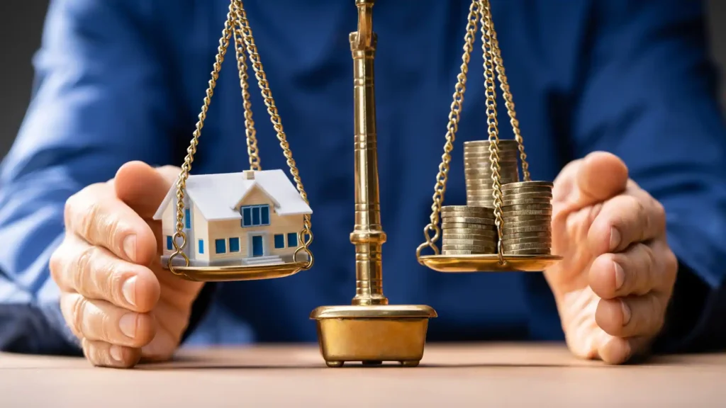 Mãos protegendo a miniatura de uma casa ao lado de uma balança da justiça, representando a defesa de direitos em questões de direito imobiliário