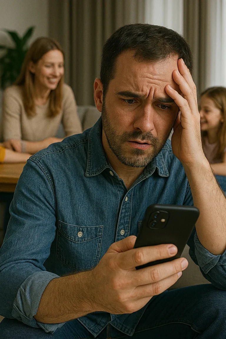 Homem preocupado olhando para o celular na sala de estar, enquanto sua família sorri ao fundo, alheia à situação.