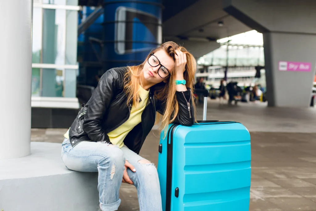 retrato de uma jovem com cabelo comprido sentada do lado de fora no aeroporto ela usa um sueter amarelo com jaqueta e jeans ela se inclinou para a mala e está entediada de esperar